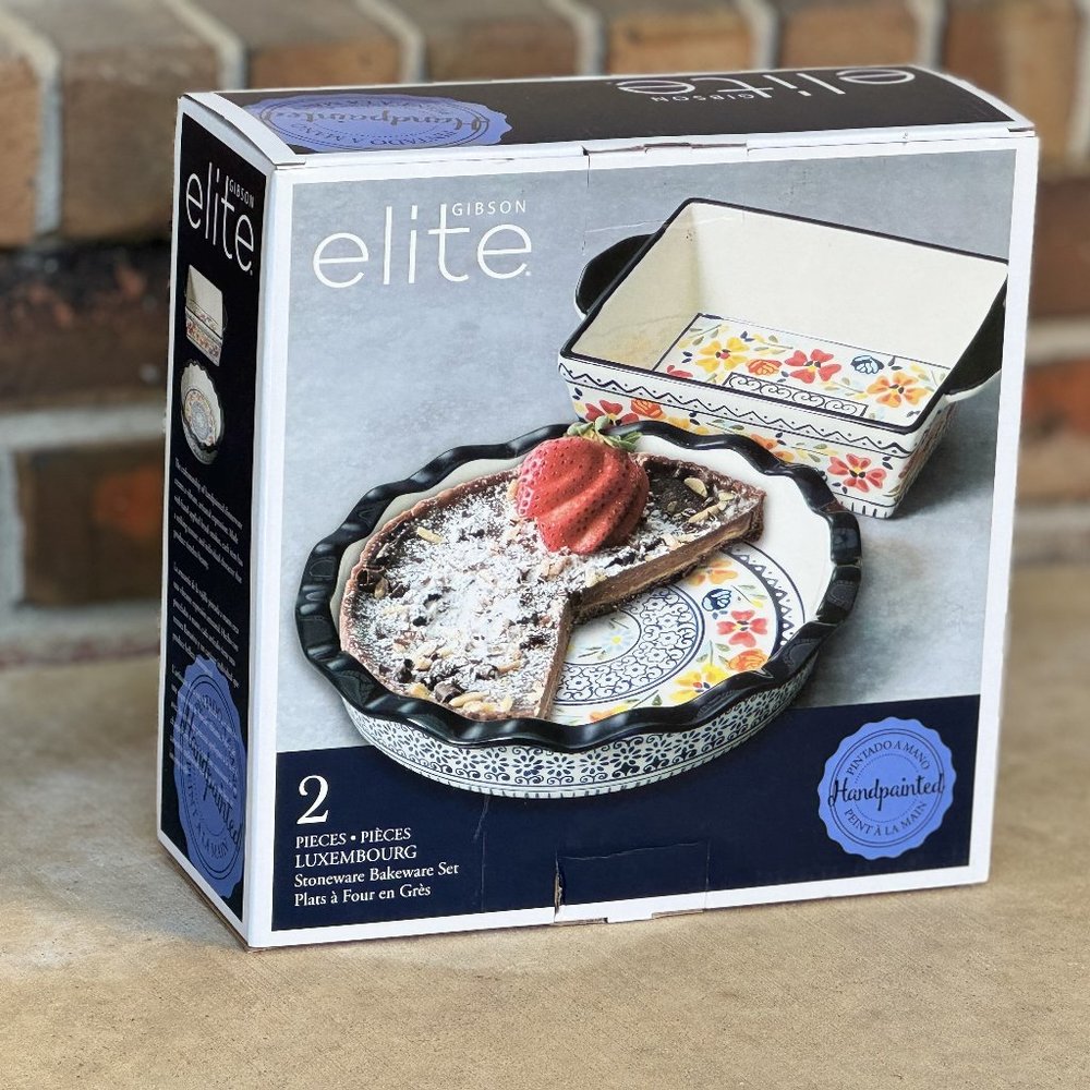 Gibson Elite 2 pc. Stonewear Bake Set - Pie & Loaf Pan - Handpainted Floral NEW